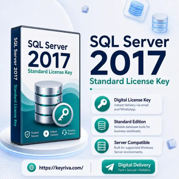 SQL Server 2017 Standard License Key product image for KeyRiva, designed for business database and server deployment with digital delivery.