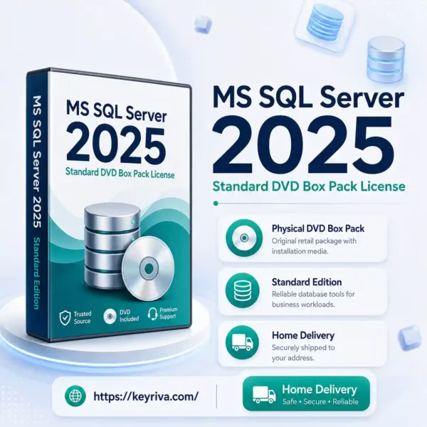 Buy MS SQL Server 2025 Standard DVD Box Pack License at KeyRiva with physical home delivery