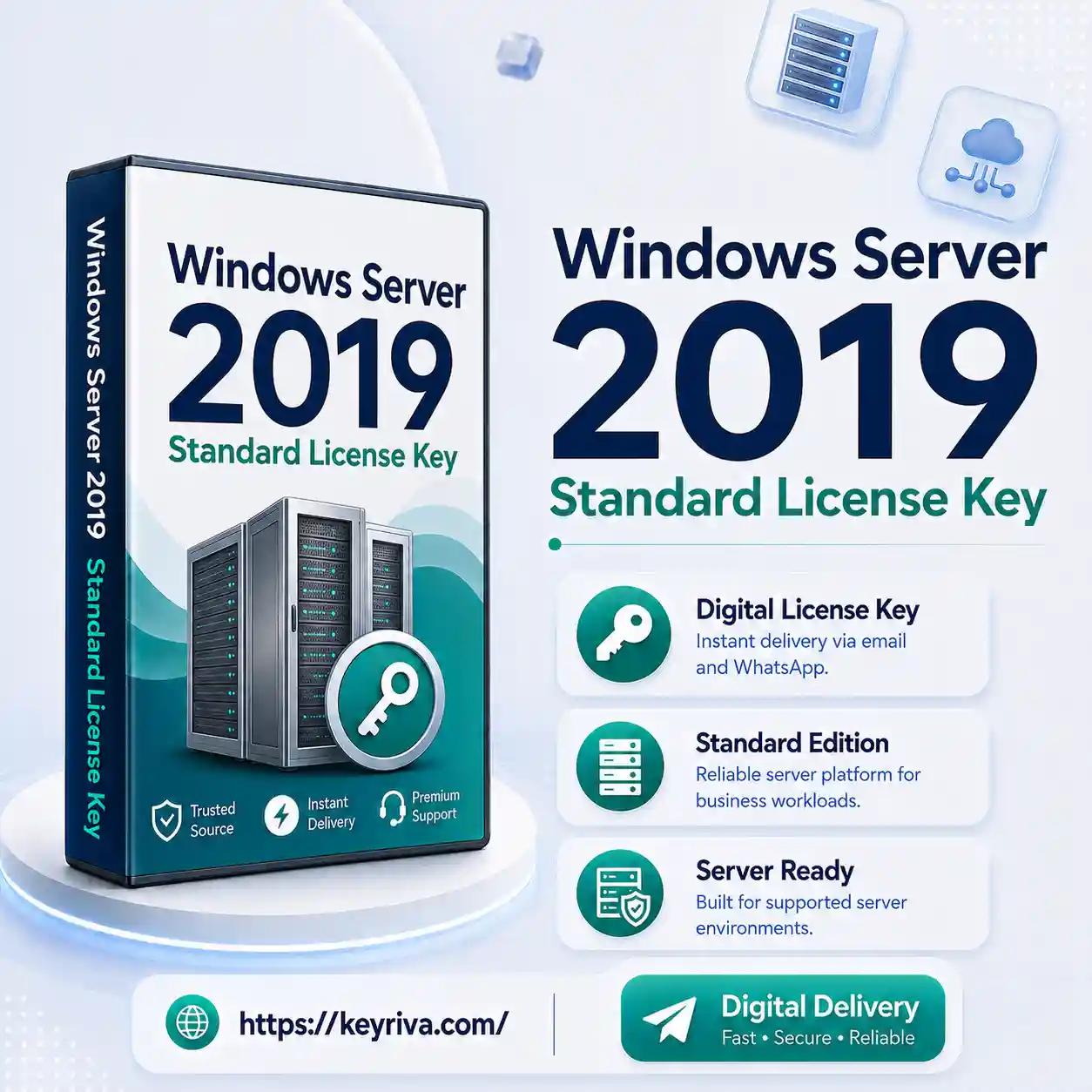 Windows Server 2019 Standard License Key (1) Windows Server 2019 Standard License Key product image for KeyRiva, designed for business servers, infrastructure workloads and fast digital delivery.